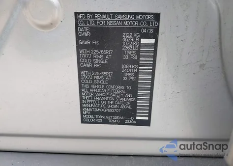 2016 Nissan Rogue Sv z USA, uszkodzony, nr VIN KNMAT2MVXGP693707